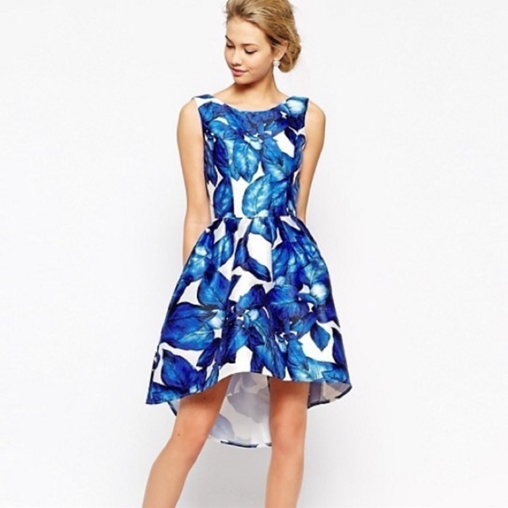 Chi Chi London Essie High Low blue leaf print dress size 4